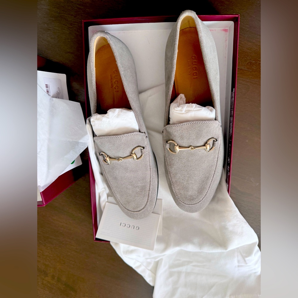 Gucci Light Gray Suede Slip-On Loafers with Leather Sole